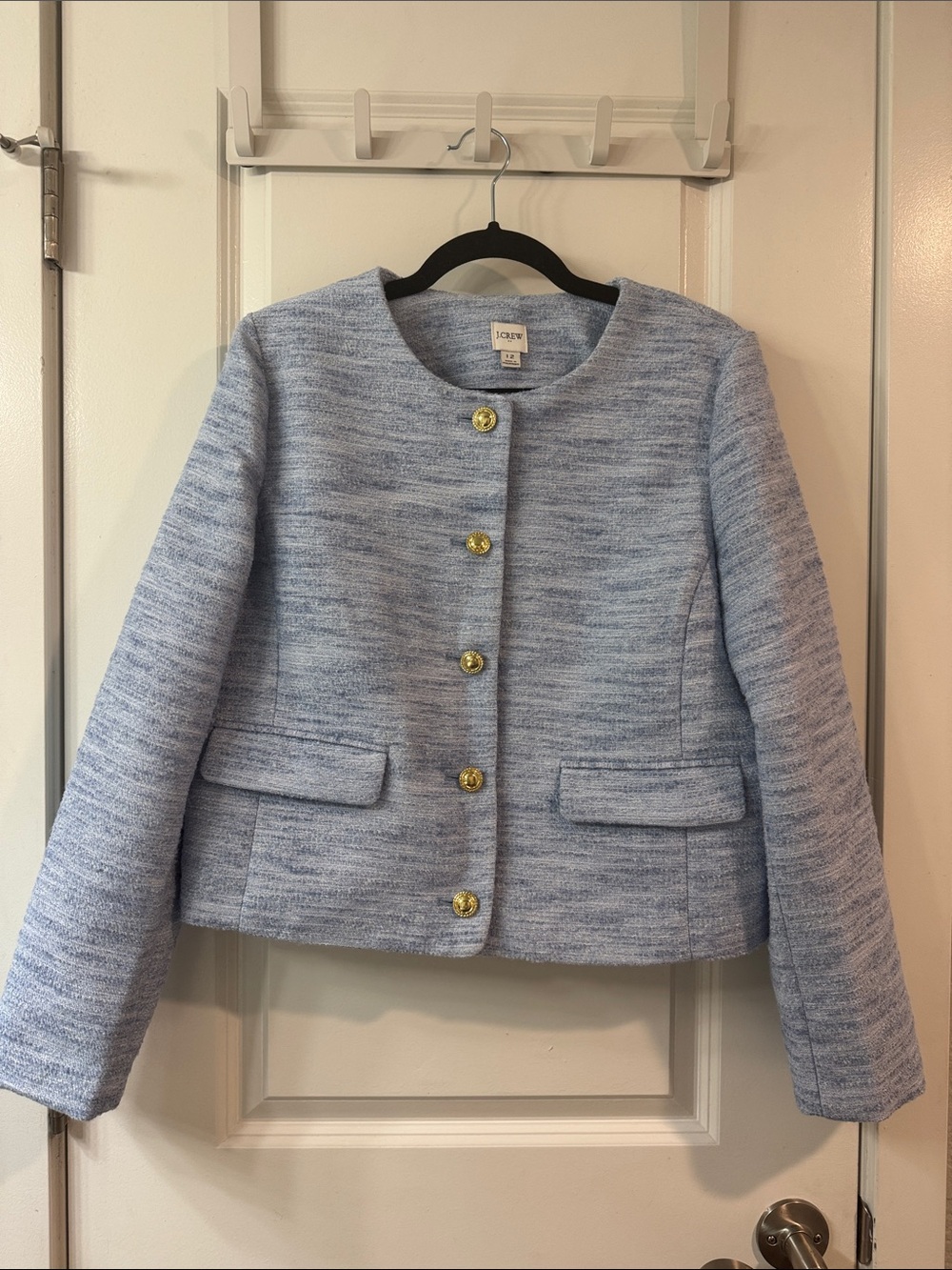 J. Crew Pale Blue Collarless Tweed Jacket with Gold Buttons